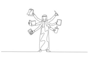ilustração do homem árabe com várias mão conceito de multitarefa. arte de estilo de uma linha vetor