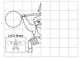 complete a imagem do atleta. planilha de prática de desenho simétrico de circo vetorial. atividade em preto e branco para impressão para crianças em idade pré-escolar. copie o jogo temático do festival de entretenimento de imagens vetor