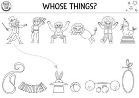atividade de correspondência de circo preto e branco com personagens fofinhos. quebra-cabeça de linha de show de diversões com palhaço, mágico, ginasta, animais. combine a página de coloração de objetos. cujas coisas jogo vetor