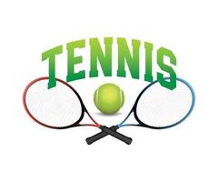 bola de tênis e ilustração do emblema da arte da palavra da raquete vetor