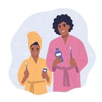 mês nacional da saúde bucal infantil. a criança afro-americana e sua mãe estão segurando escovas de dentes, creme dental e enxaguatório bucal. ilustração vetorial plana vetor