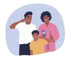 dia mundial da saúde bucal. jovens pais e filhos afro-americanos sorridentes cuidam de seus dentes e cavidade oral. ilustração vetorial plana vetor