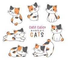 desenho animado de gato bobtail bonito calico bobtail doodle vetor de desenho de mão de animal