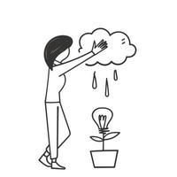 personagem de rabisco desenhado à mão regando plantas de bulbo com ilustração de nuvem de chuva vetor