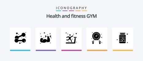 pacote de ícones de glyph 5 de ginásio, incluindo . exercício. vitaminas. proteínas. design de ícones criativos vetor