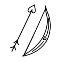 Doodle Cupido arco e flecha com coração em estilo moderno e moderno. uma arma de amor para um cupido e uma ponta de flecha em forma de coração. vetor