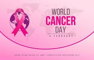 fundo de banner horizontal gradiente dia mundial do câncer com mapa do mundo e fita vetor