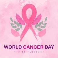ilustração do dia mundial do câncer em aquarela com folhas e fita de câncer vetor