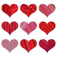 conjunto de corações vermelhos diferentes. nove corações isolados em um fundo branco. símbolo do amor. elementos para modelo de casamento. vetor