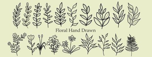 coleção de arte de linha desenhada à mão de folhas e flores. ilustração elegante de beleza decorativa para flor desenhada à mão de design. vetor de ícone