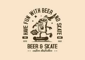 ilustração de mascote de uma lata de cerveja andando de skate vetor