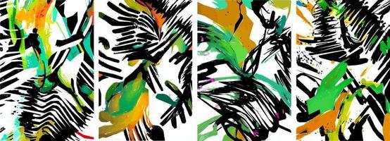 conjunto de mão desenhada fundo de natureza abstrata. vetor tinta aquarela colorida doodle tropical deixa flores, respingos e formas, fundo para papel, capa, tecido, decoração de interiores.