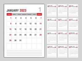 modelo de calendário mensal para o ano de 2023, a semana começa no domingo, planejador do ano de 2023, calendário de parede em estilo minimalista, layout vertical do modelo de calendário de mesa 2023, vetor de modelo de negócios