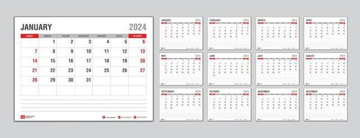 modelo de calendário mensal para o ano 2024, semana começa no domingo, planejador 2024 ano, calendário de parede em estilo minimalista, modelo de calendário de mesa 2024, design de calendário de ano novo, vetor de modelo de negócios