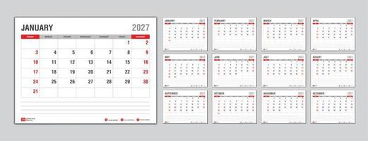 modelo de calendário mensal para o ano 2027, semana começa no domingo, planejador 2027 ano, calendário de parede em estilo minimalista, modelo de calendário de mesa 2027, design de calendário de ano novo, vetor de modelo de negócios