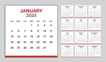 calendário design vermelho de 2025 anos, modelo de calendário mensal para 2025 anos, semana começa no domingo, modelo minimalista de calendário de parede 2025, planejador, vetor de modelo de negócios
