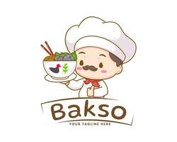 chef com uma tigela de bakso ou modelo de logotipo de almôndega. personagem de desenho animado bonito. comida tradicional indonésia. projeto de conceito de comida. fundo branco isolado. ilustração de arte vetorial vetor