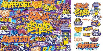 um conjunto de adesivos de arte de grafite coloridos ou vibrantes. tema de arte de rua, estilo urbano para design de camisetas, design de grafite para papel de parede, arte de parede ou designs de arte impressa. vetor