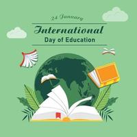 dia internacional da educação, 24 de janeiro. projeto plano. livros, globos e nuvens. representação do mundo da educação. ilustração plana. vetor