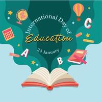 dia internacional da educação, 24 de janeiro. projeto plano. livros, globos, balões, lápis e calculadoras. representação do mundo da educação. ilustração plana. vetor