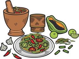 salada de mamão desenhada à mão com ilustração de comida tailandesa vetor