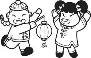 menino chinês desenhado à mão com ilustração de lanterna e menina chinesa vetor