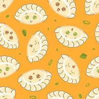 jiaozi e verdes. bolinhos fritos de ano novo chinês sem costura padrão, em forma de lingotes de prata e ouro antigos. personagem de desenho animado bonito. para menu café, papel de parede, tecido, embrulho, plano de fundo. vetor