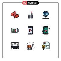 pacote de interface do usuário de 9 cores planas básicas de linhas preenchidas do mundo do vídeo de namoro reproduz elementos de design de vetores editáveis simples