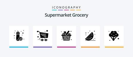 pacote de ícones de glifo 5 de mercearia, incluindo comida. melancia. carrinho. frutas. Itens. design de ícones criativos vetor