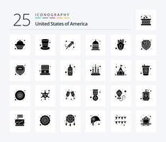 Pacote de ícones de glifos sólidos EUA 25, incluindo batatas fritas. salgadinhos. religião. EUA. Indianápolis vetor