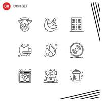 conjunto moderno de pictograma de 9 contornos de comida de fogo forma de maçã médica romântica elementos de design vetorial editáveis vetor