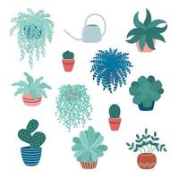 coleção de plantas decorativas isoladas no fundo branco. conjunto de plantas da moda crescendo em vasos. um conjunto de belas decorações naturais para casa. ilustração em vetor plana colorida.