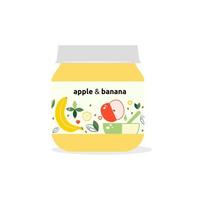 frascos de vidro com comida para bebê. design de embalagem maçã e banana. comida de bebê orgânica puree.vector ilustração. vetor