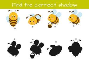 encontre a sombra correta. jogo de lógica educacional para crianças. abelhas engraçadas bonitos. ilustração vetorial isolada no fundo branco. vetor