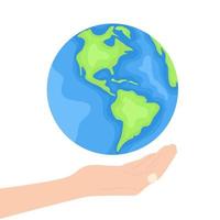 ambiente mundial e conceito do dia da terra. ilustração de estilo simples dos desenhos animados. mãos segurando o globo, a terra. vetor
