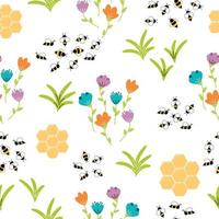 padrão sem emenda de vetor com desenho animado voando abelhas e flores sobre fundo branco. ilustração para crianças usadas para revista, livro, pôster, cartão, páginas da web.