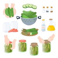 conservas caseiras de pepino. preparar e conservar vegetais. ilustração vetorial de comida de produtos saudáveis naturais enlatados. vetor