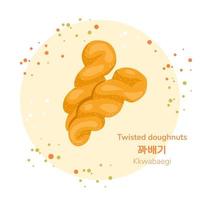 cartaz de rosquinhas torcidas de comida de rua doce coreana tradicional. kkwabaegi coreano. tradução de donuts torcidos coreanos. lanche de comida asiática. ilustração vetorial. vetor