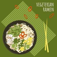 sopa de ramen vegetariana com pauzinhos no cartaz de jogo americano de bambu. comida asiática com macarrão, tofu, milho, salsa, cebolinha, pimentão. Prato popular da culinária chinesa japonesa coreana. ilustração vetorial. vetor