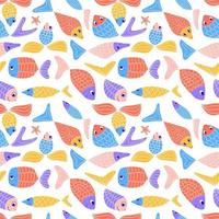 bonito padrão colorido sem costura com peixe bonito doodle. fundo de aquário abstrato ingênuo de crianças engraçadas. sardinhas com padrão zentangle, arenques, guppies, peixinhos dourados. ilustração vetorial. vetor