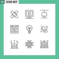 pacote de esboço de 9 símbolos universais de carrinho de site de bulbo web internet elementos de design de vetores editáveis