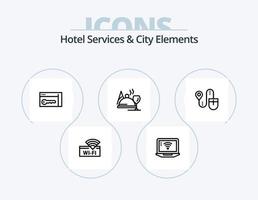 serviços de hotel e design de ícone de linha de elementos da cidade 5 design de ícone. chá. sala. bicicleta. chave. fitness vetor