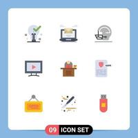 conjunto de cores planas de interface móvel de 9 pictogramas de monitor de e-mail de tela de jogo elementos de design de vetores editáveis de beisebol