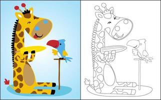 livro para colorir ou página de animais fofos, girafa sentada enquanto segura milho com um passarinho vetor