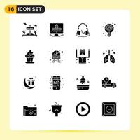 16 interface do usuário pacote de glifos sólidos de sinais e símbolos modernos de elementos de design de vetores editáveis de negócios de estratégia de fone de ouvido de bolo