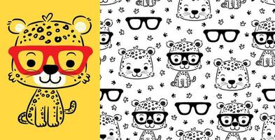 vetor de padrão perfeito de desenho de gato fofo com óculos, trilha de animais
