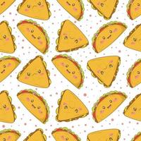 padrão perfeito com tacos mexicanos e quesadillas com caretas em estilo cartoon doodle isolado no fundo branco vetor