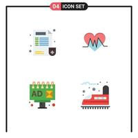 conjunto de ícones planos de interface móvel de 4 pictogramas de relatório de publicidade médica, elementos de design de vetores editáveis de ferrovia de batimentos cardíacos