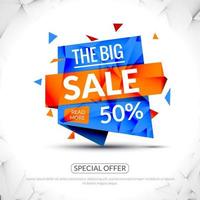 banner de origami de papel super grande venda. fundo de venda. etiqueta de grande venda. cartaz de venda. oferta especial de grande venda com 50% de desconto. ilustração vetorial. vetor