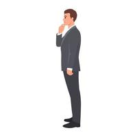 jovem de pé na vista lateral com a mão no queixo enquanto pensa em seus negócios. ilustração vetorial plana isolada no fundo branco vetor